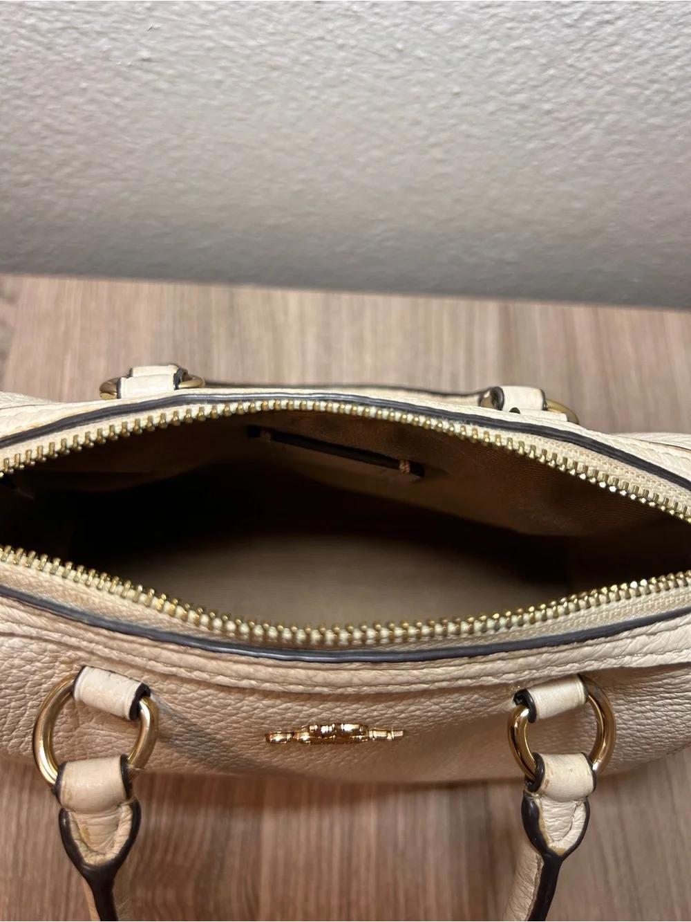 Coach Cream Pebbled Leather Satchel with Cat Patch